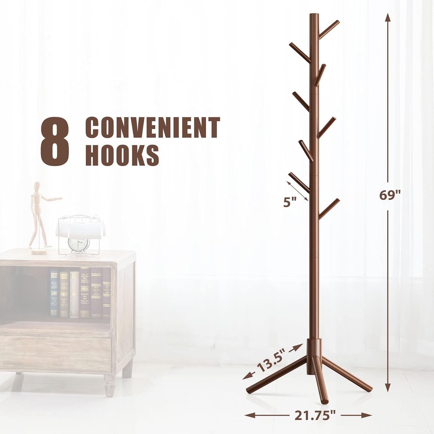 Wooden Coat Rack Stand with 8 Hooks Adjustable Pine Hallway Clothes Tree