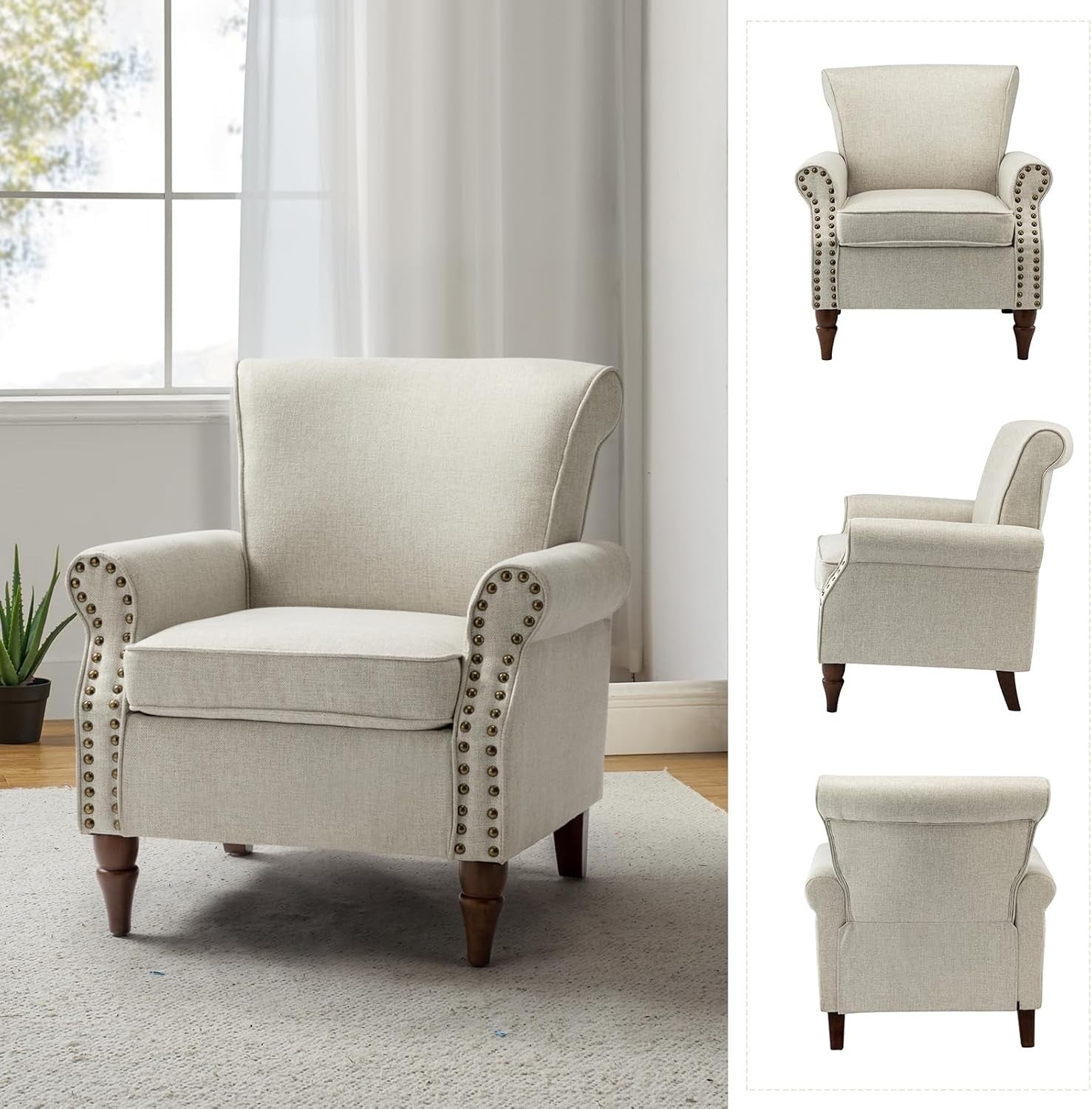 Oatmeal Wingback Accent Chair Comfy Upholstered Lounge Living Room Seat