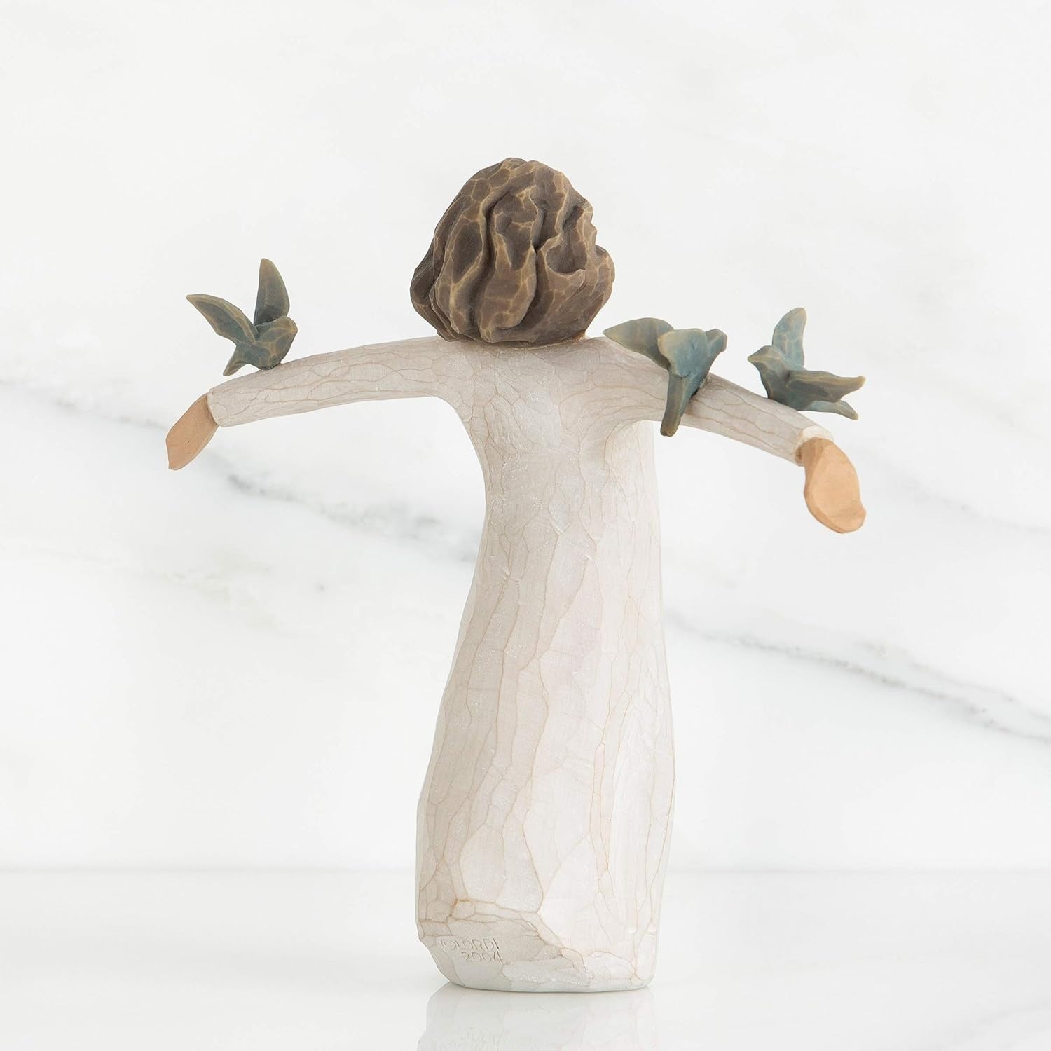 Happiness Figurine with Bluebirds • Hand-Carved Standing Ornament