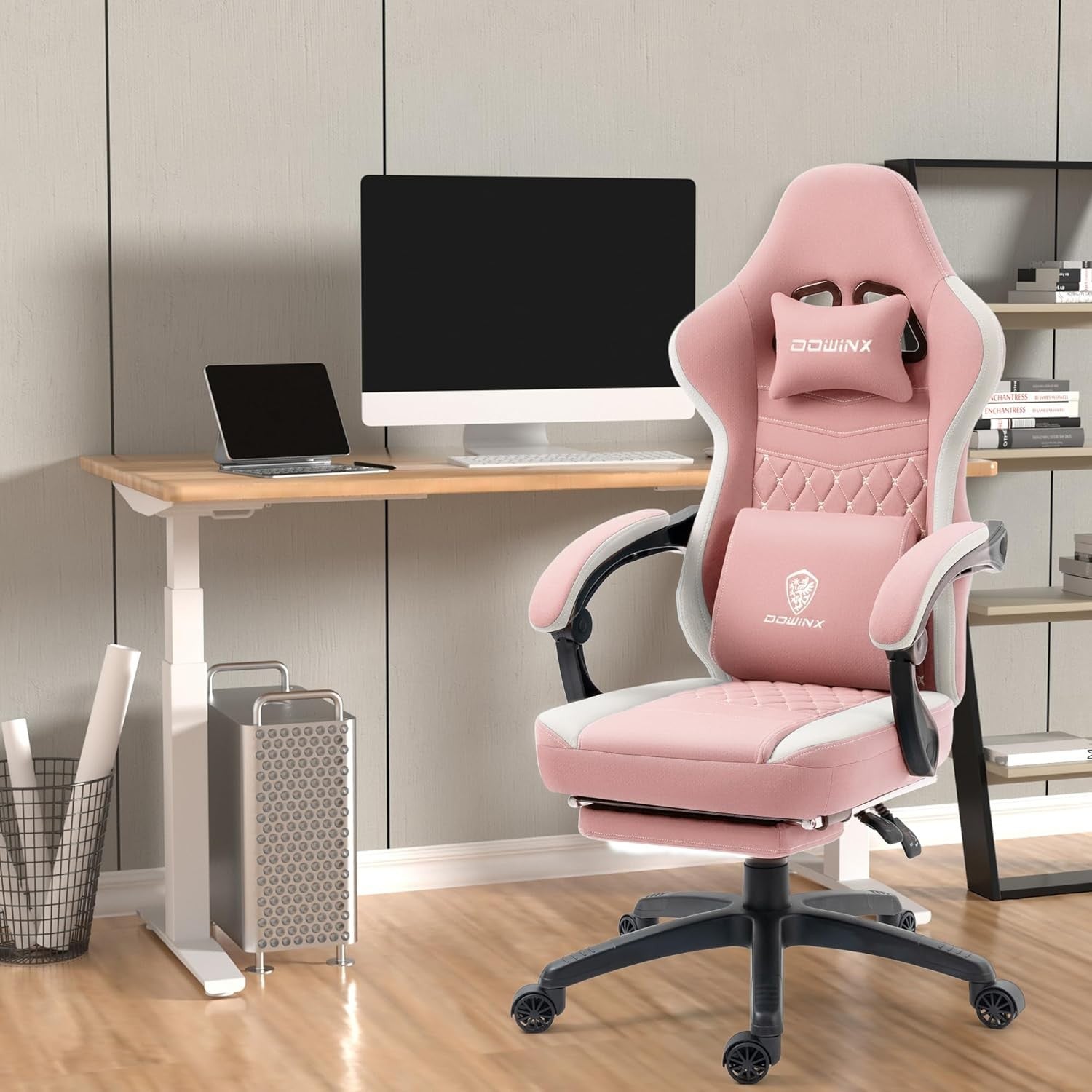Massage Gaming Chair Fabric Recliner w/ Footrest 150kg Pink