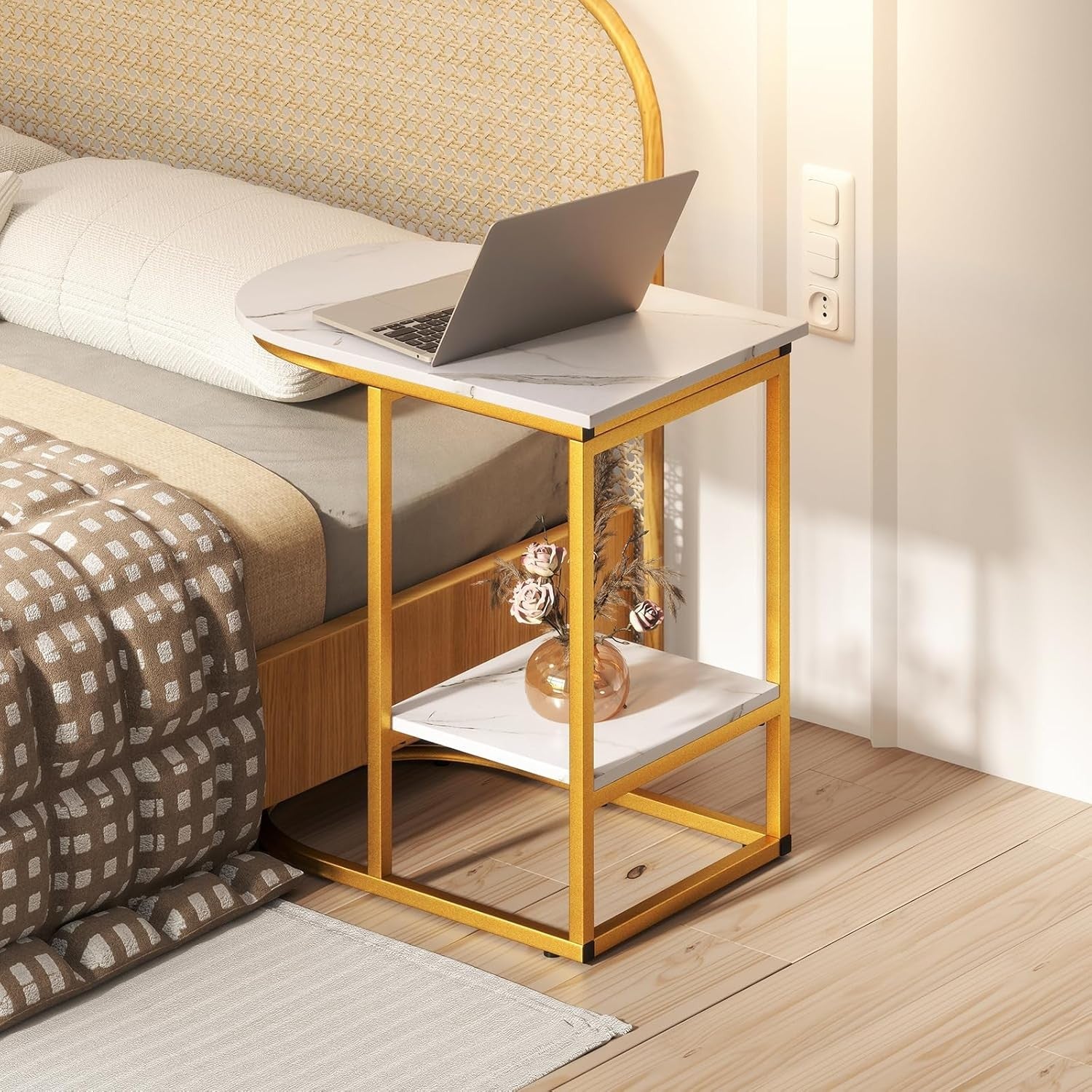 Modern Faux Marble C-Shaped Side Table with Storage Shelf – White & Gold Nightst