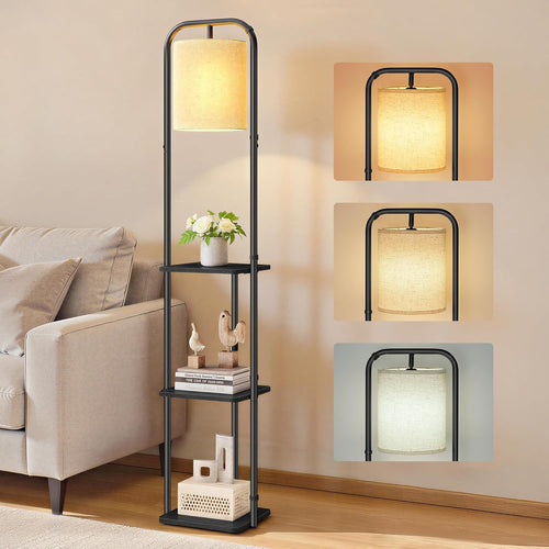 Floor Lamp with Shelves Storage Foot Switch Fabric Shade Modern Standing Light