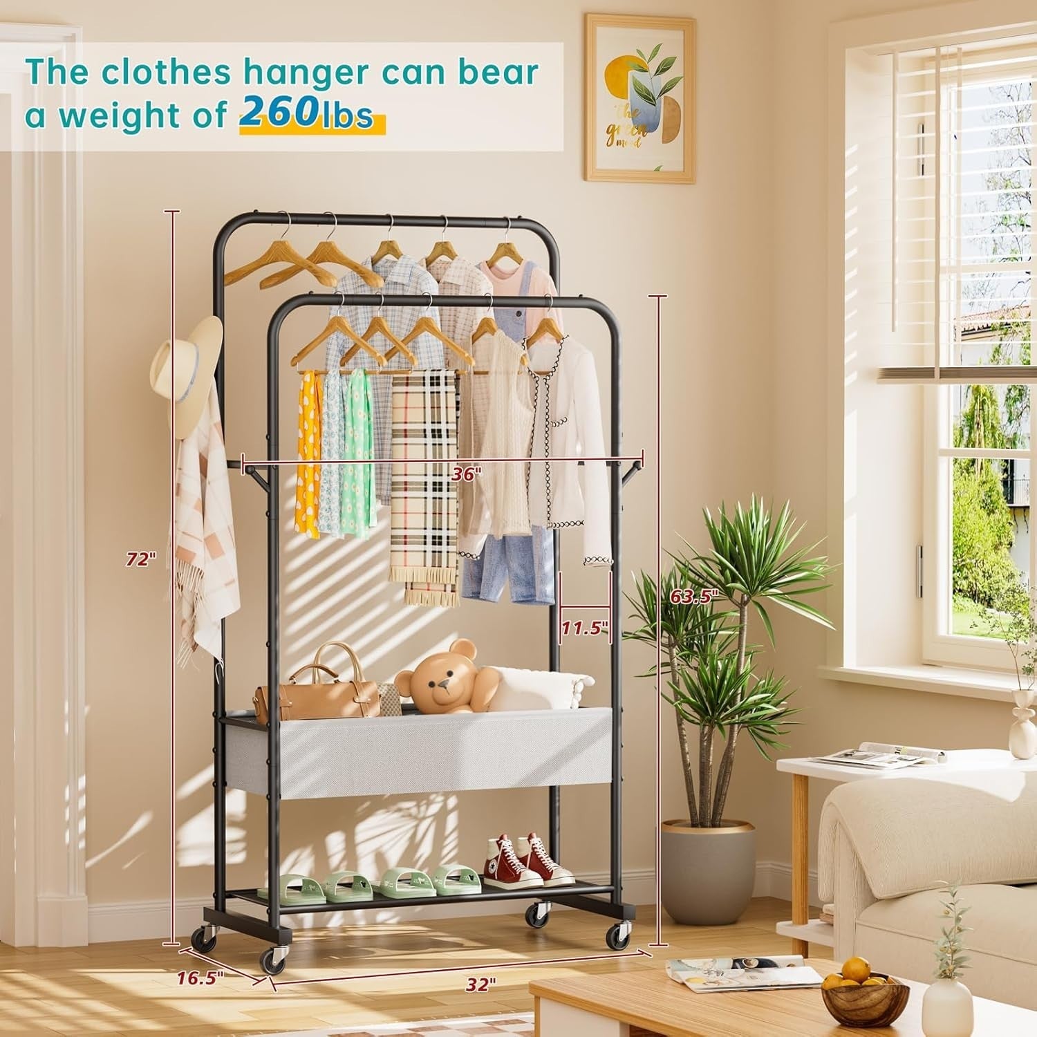 Heavy Duty Clothes Rail with Wheels & Shelf – Black 91×43×183cm