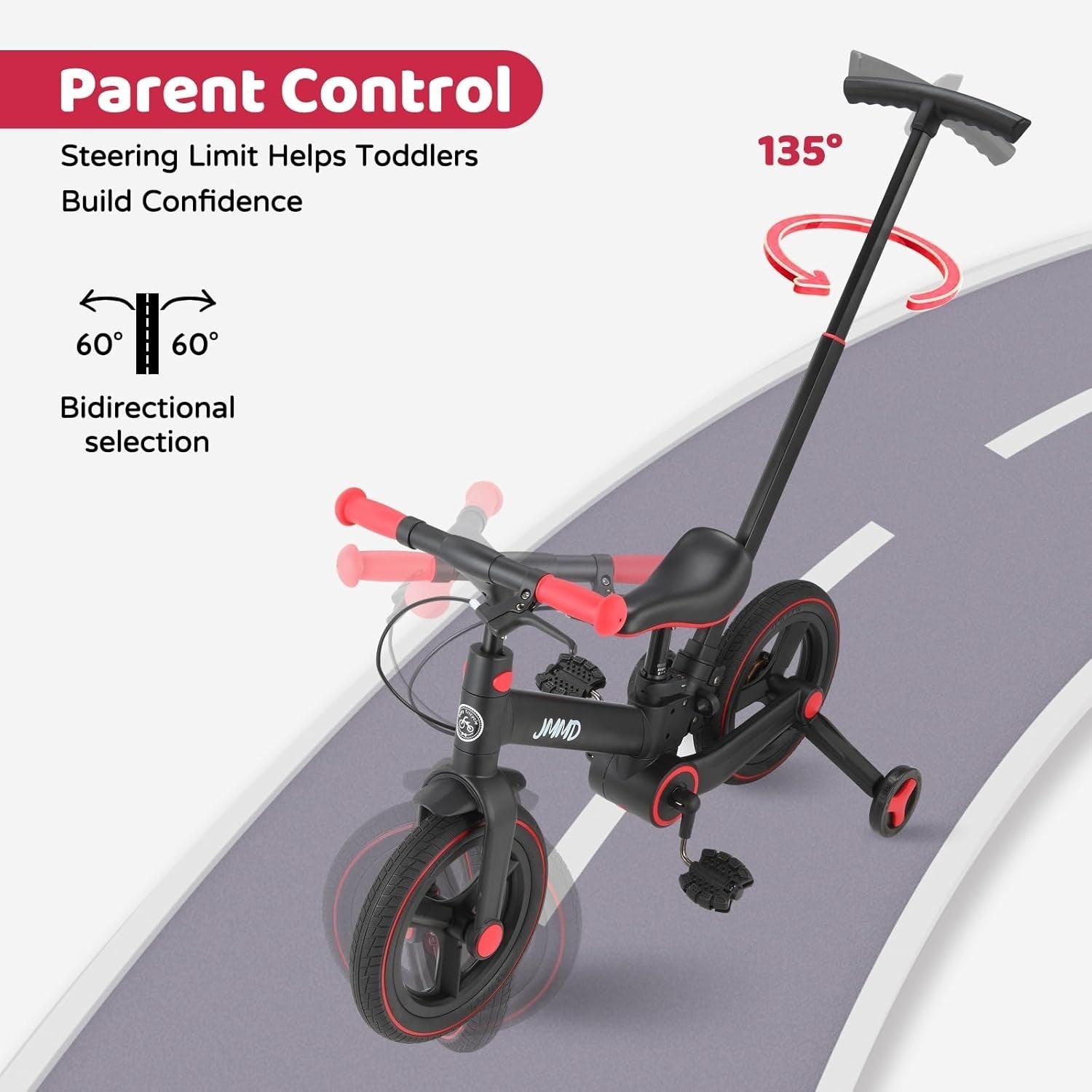 6 in 1 Toddler Bike Balance Pedal Bike Foldable Push Handle Black