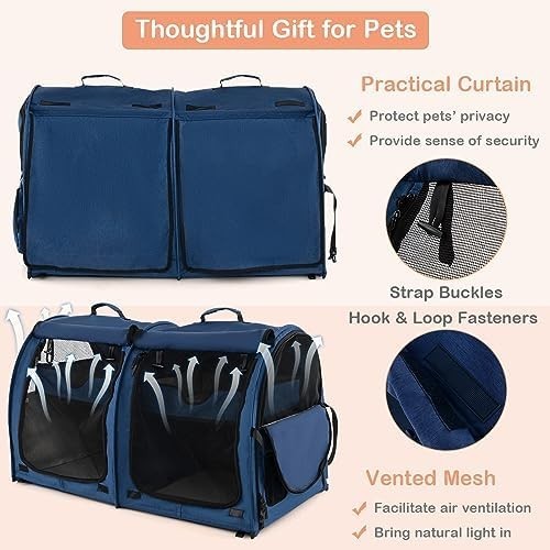 Foldable 2-in-1 Pet Carrier Navy Cat Dog Travel Crate with Hammocks & Litter Box