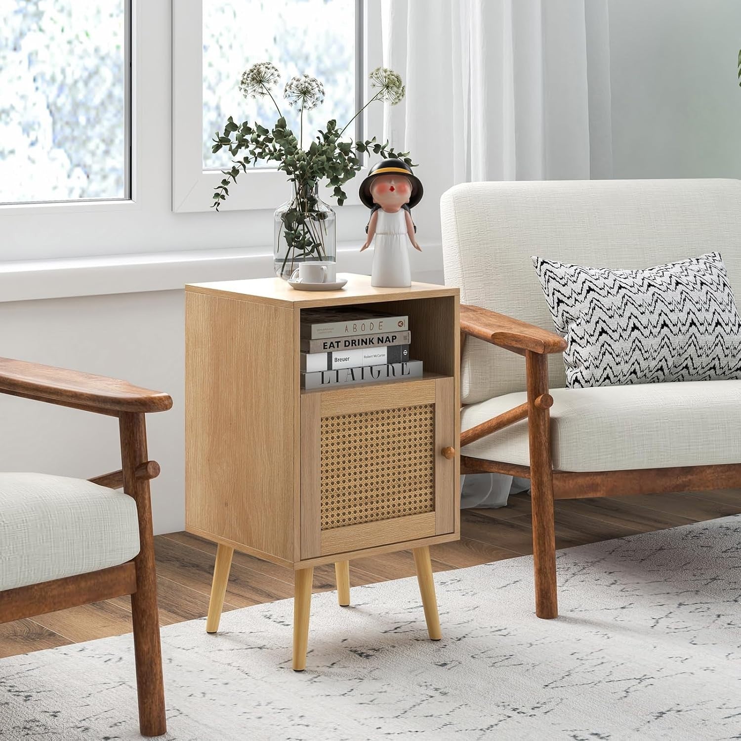 Set of 2 Natural Wood Bedside Tables with Rattan Door & Shelf