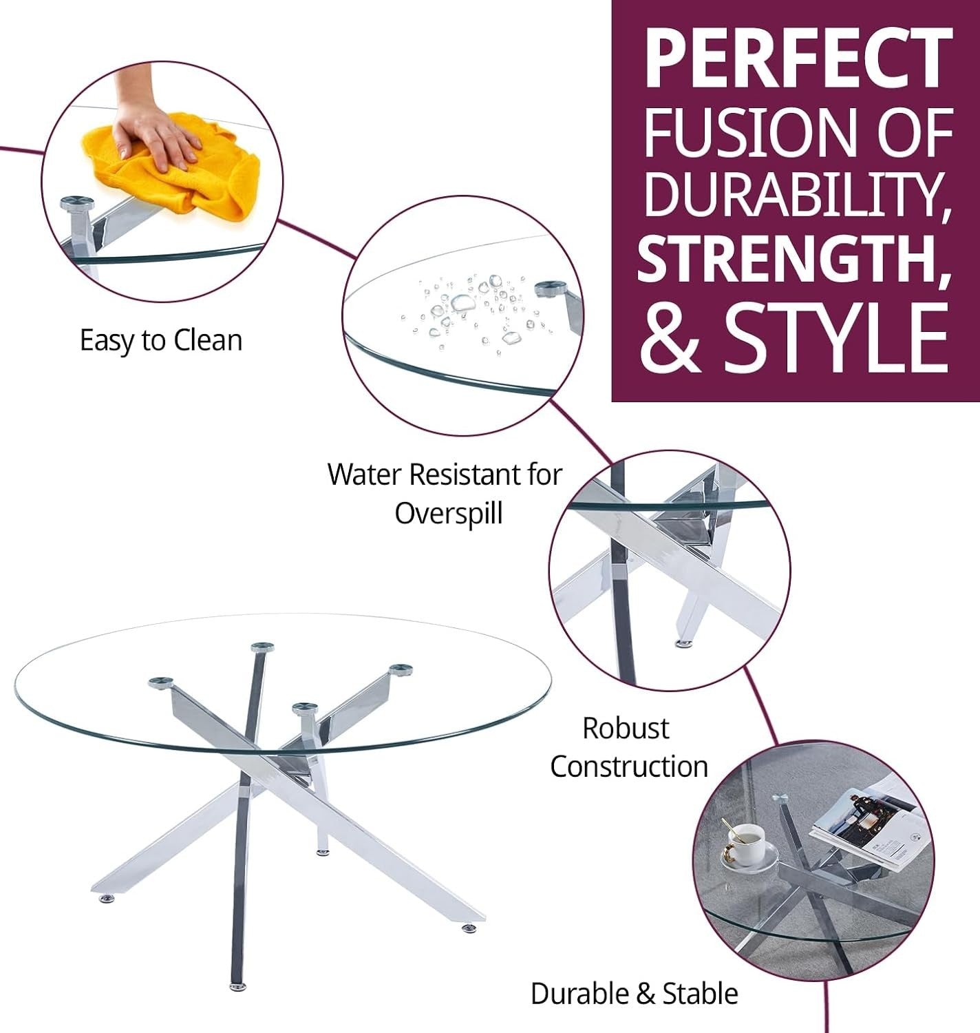 Modern Round Glass Coffee Table with Chrome Legs – Compact 90x43cm
