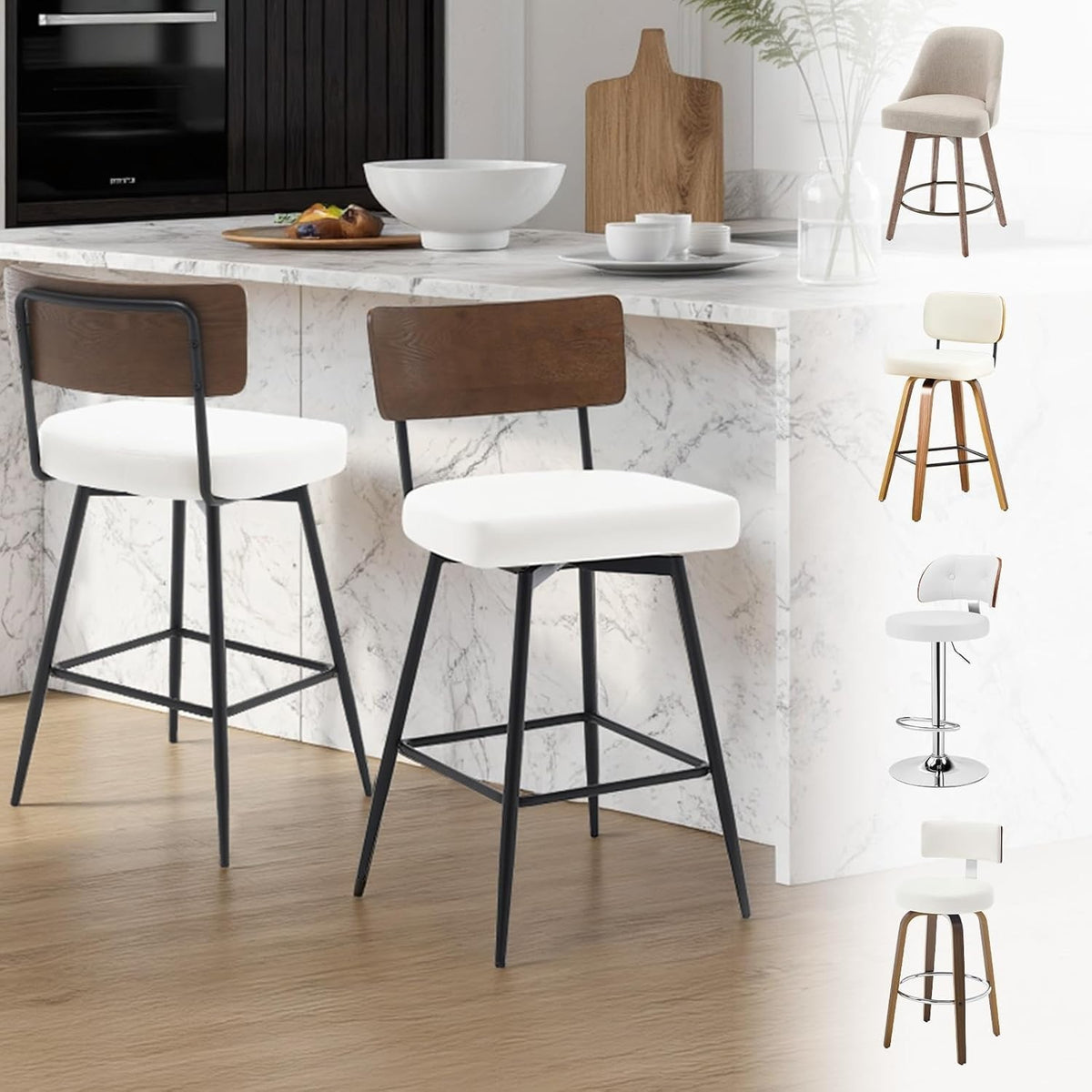 Swivel Bar Stools Set of 2 PU Leather White Wood Back 65cm Seat