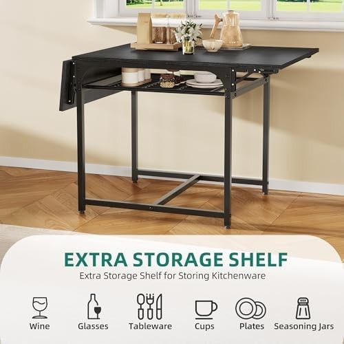 Black Folding Dining Table Drop Leaf with Storage 120cm