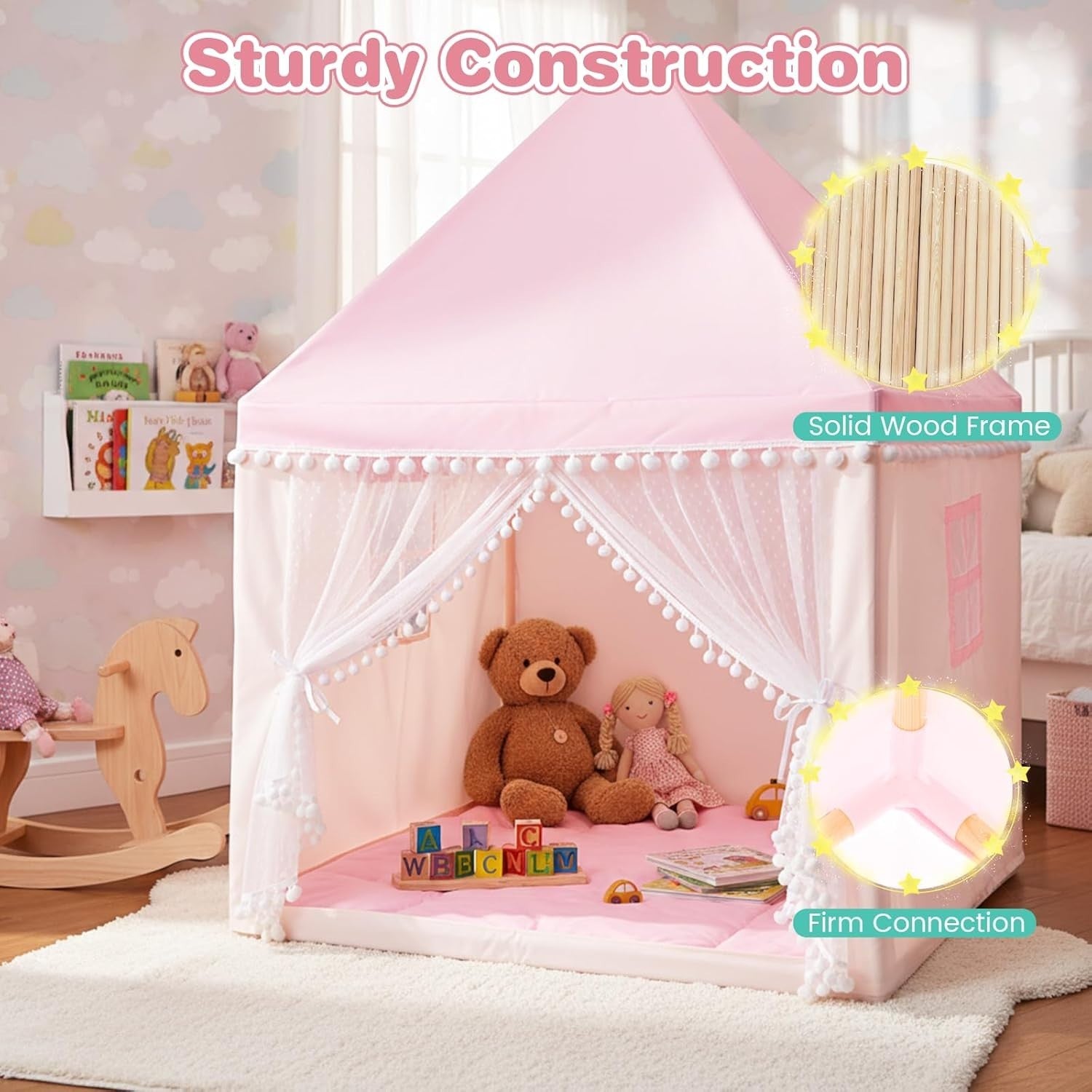 Pink Wooden Kids Play Tent Indoor Outdoor Fairy Playhouse w Mat