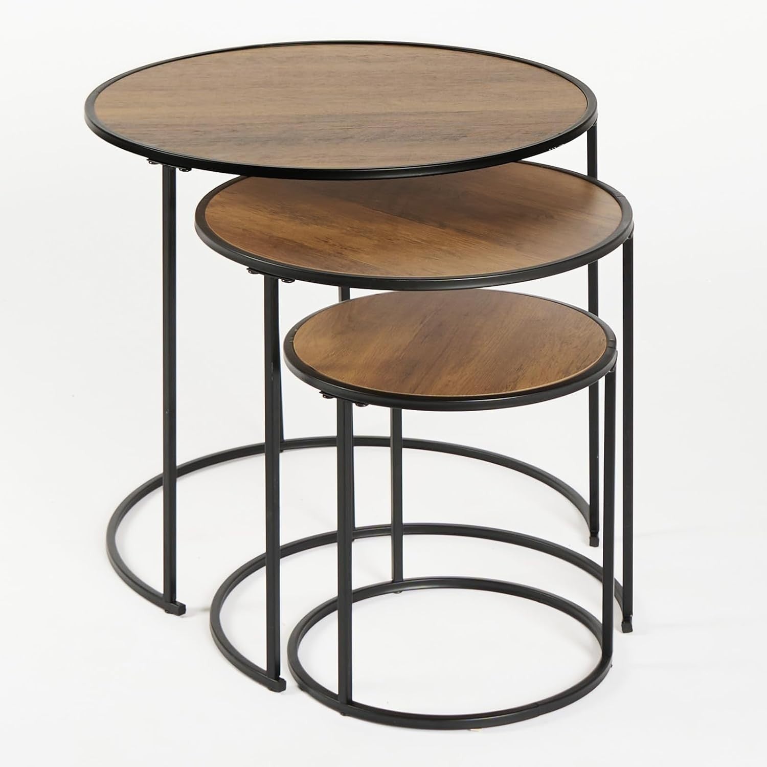Nest of Tables Set 3 Modern Coffee Side End Table Wood Top Metal Frame Black