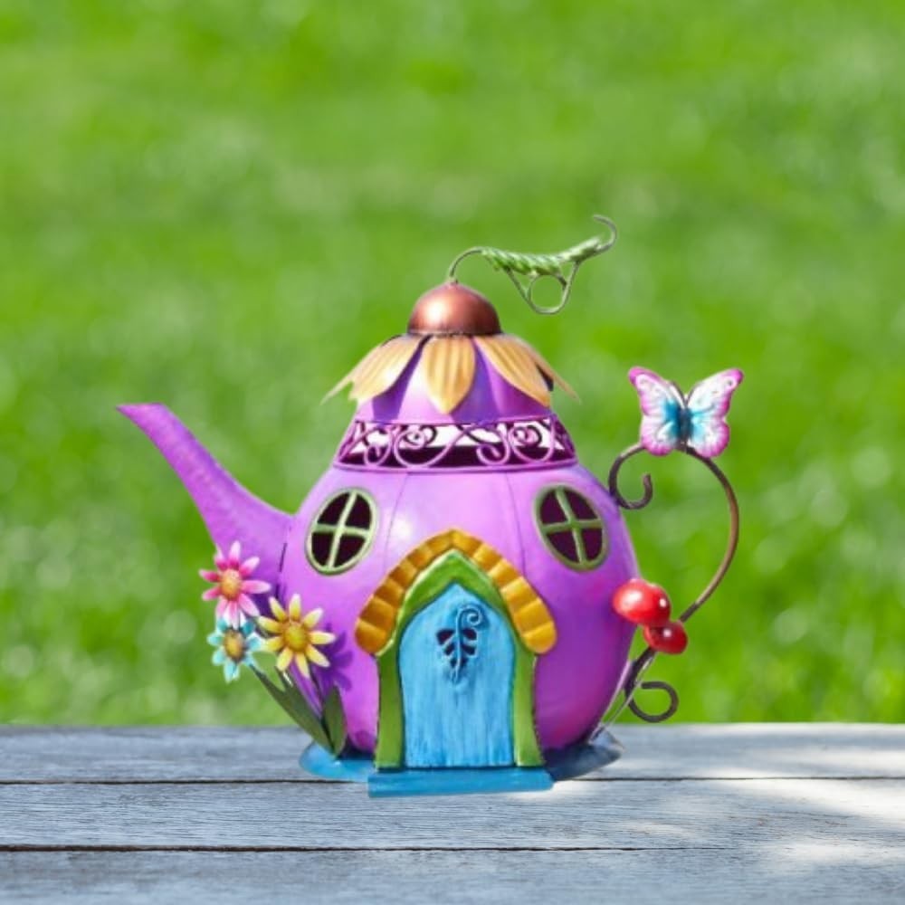 Teapot Fairy House Garden Ornament Metal Hand-Painted Weatherproof 28cm Decor