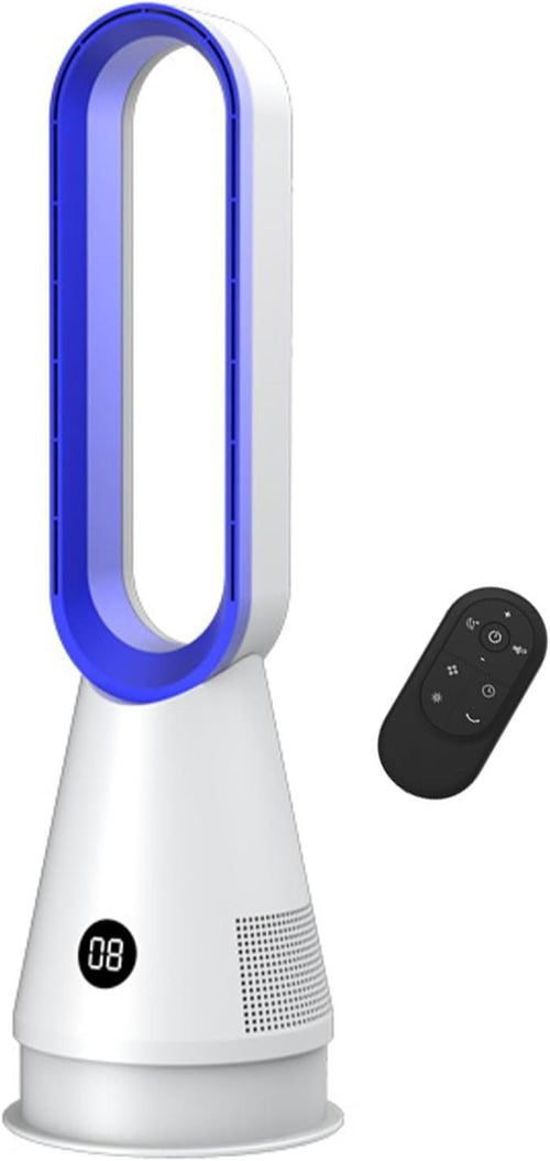 Blue Bladeless Tower Fan 8-Speed LED Display Quiet Cooling 9H Timer 32dB Modern
