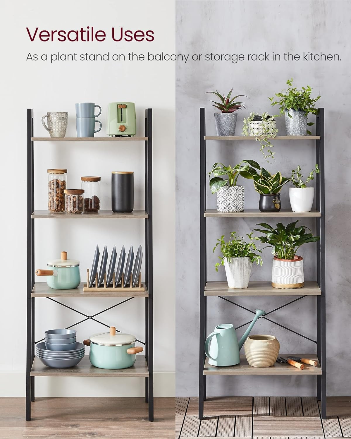 4-Tier Ladder Shelf Bookcase – Industrial Greige Storage Rack for Home & Office