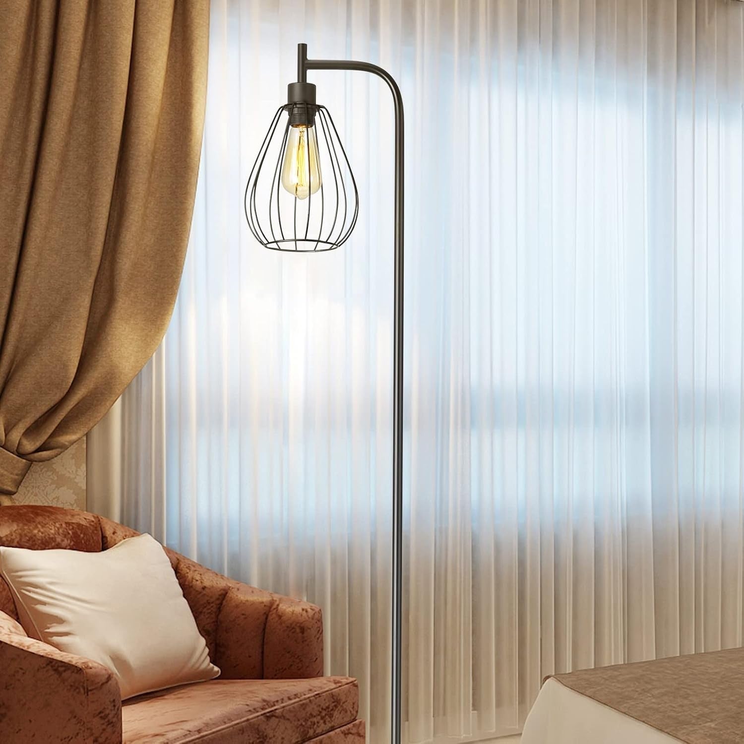 Industrial Floor Lamp Tall Standing Light Metal Cage Shade Pedal Switch