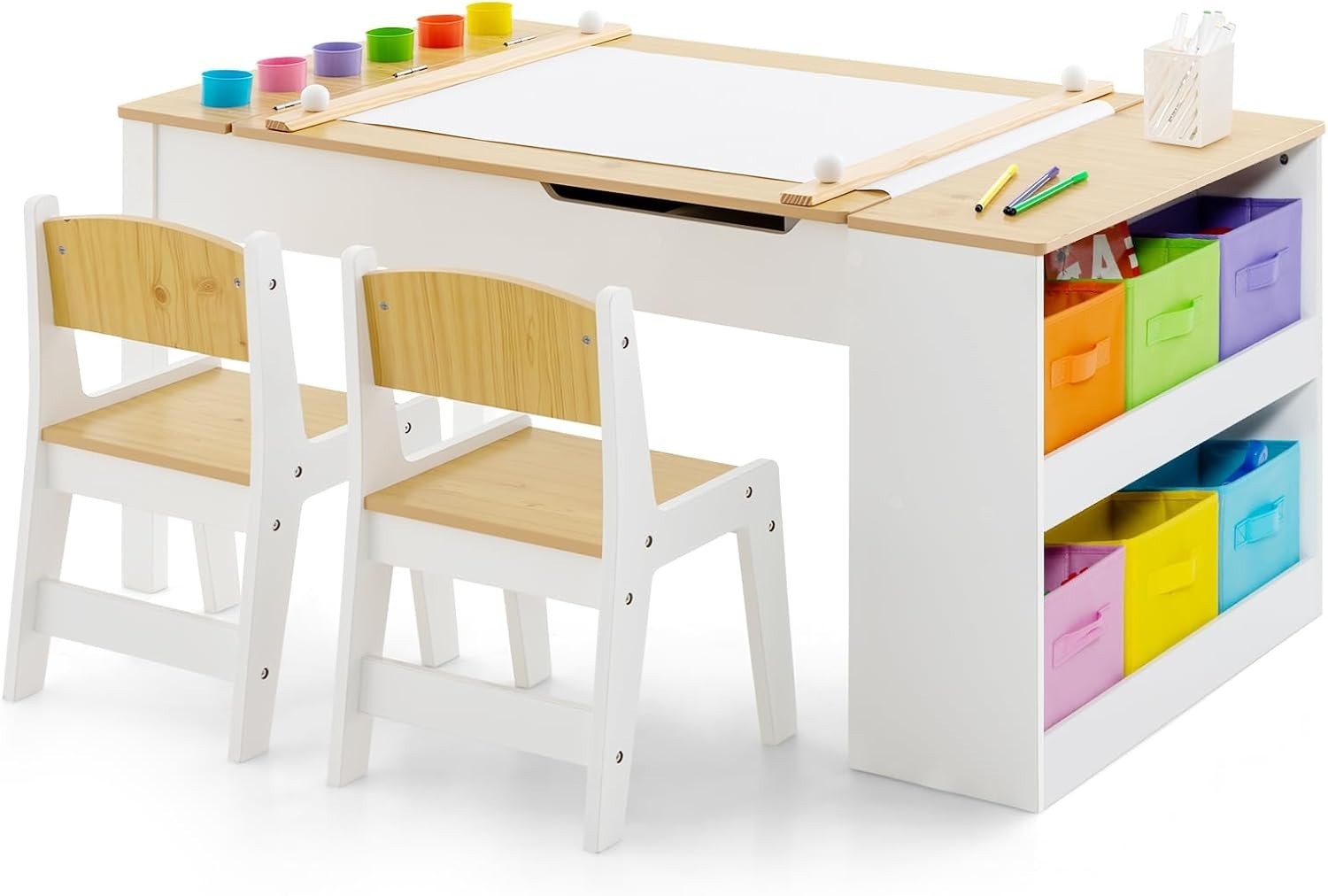 Kids Art Table and Chair Set with Storage Bins & Easel Desk Natural White 6 Cups