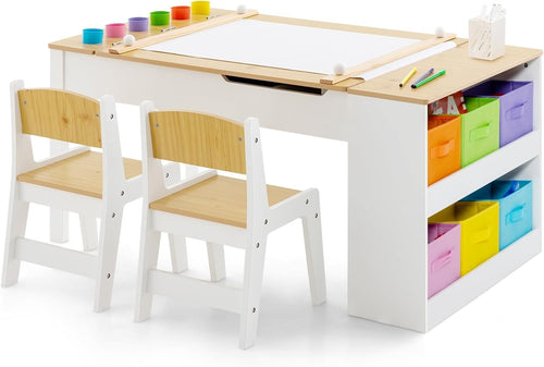 Kids Art Table and Chair Set with Storage Bins & Easel Desk Natural White 6 Cups
