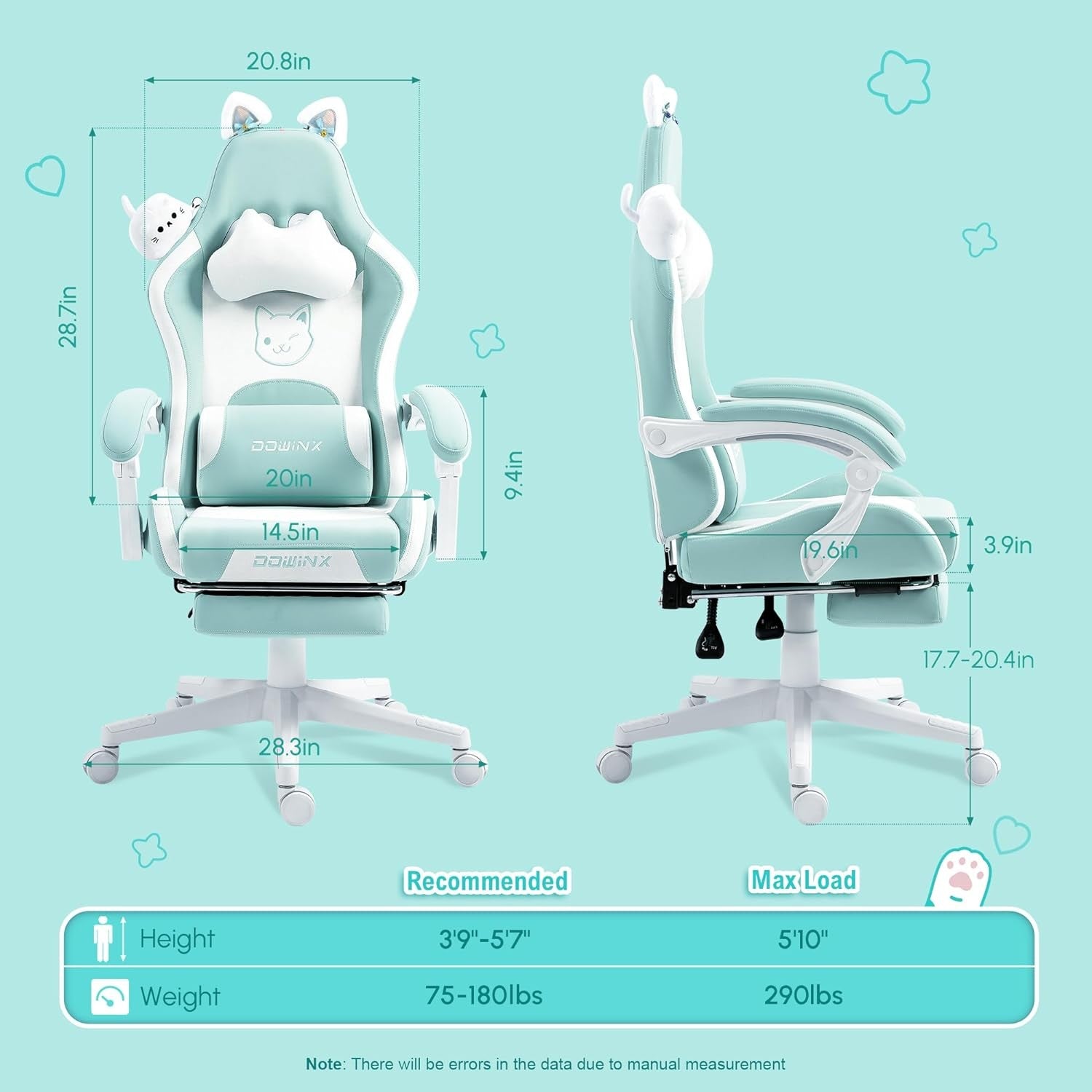 Cute Cat Ear Gaming Chair Massage Lumbar Footrest 290lbs