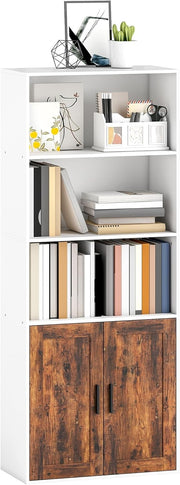 Tall 5-Tier Bookcase with Doors, Adjustable Shelf, Rustic Storage Unit for Home