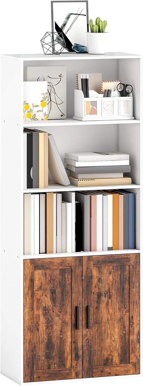 Tall 5-Tier Bookcase with Doors, Adjustable Shelf, Rustic Storage Unit for Home