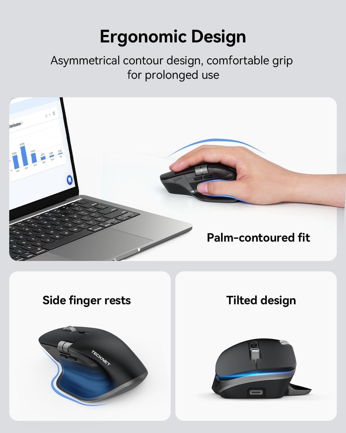 Bluetooth Wireless Mouse Thumb Scroll Rechargeable Silent Ergonomic PC Laptop