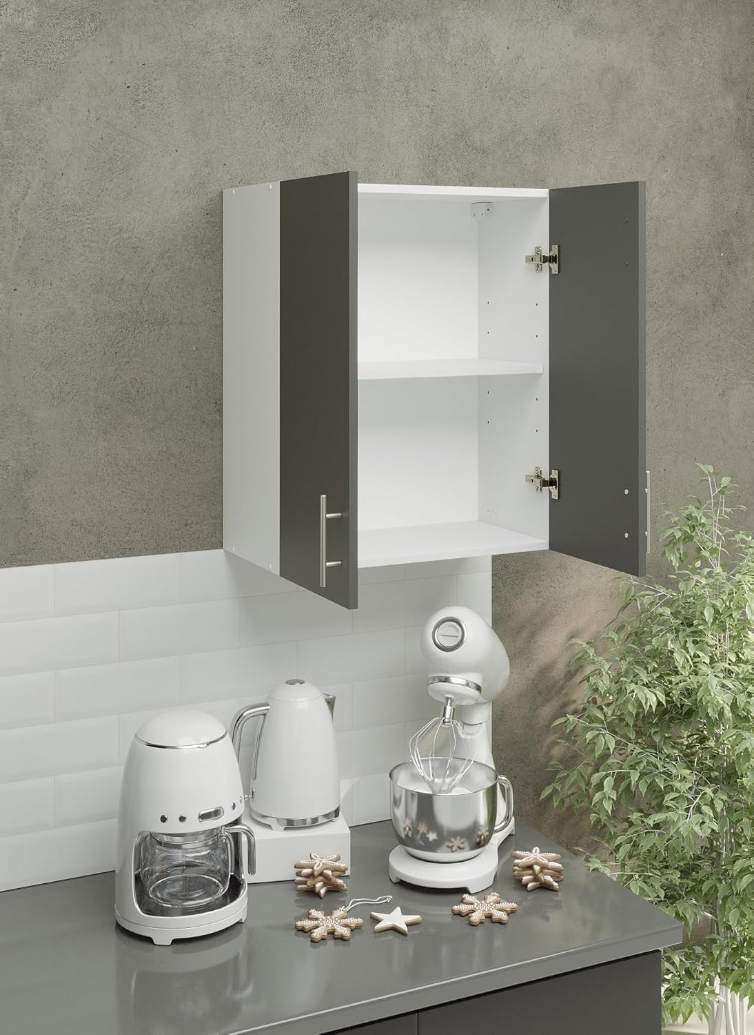 600mm Grey Matt Kitchen Wall Cabinet, Modern 2-Door Storage Unit