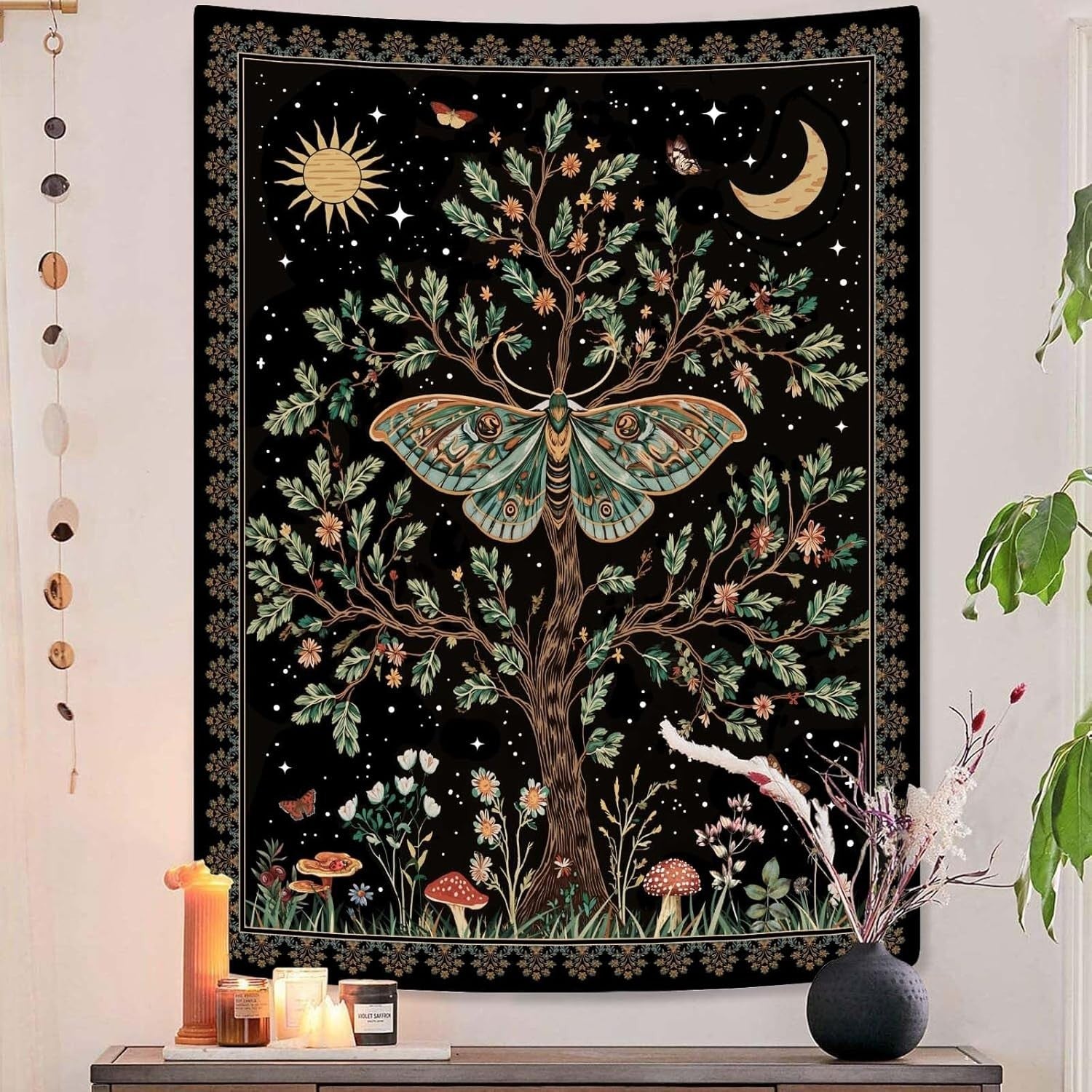 Tree of Life Wall Tapestry Celestial Moth Boho Decor 36x48