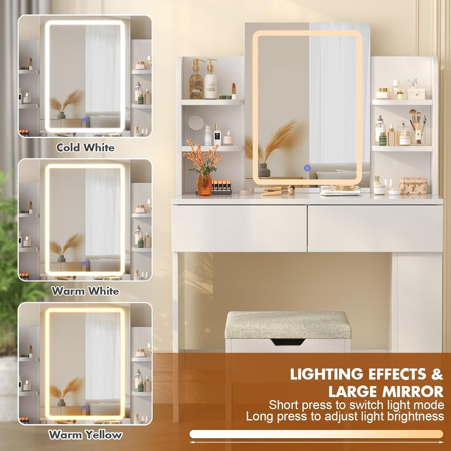 Modern Dressing Table Vanity Mirror LED Lights Makeup Desk Storage Chair White