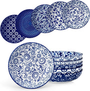 Set of 6 Large Pasta Bowls Blue White 40oz Porcelain Salad Serving
