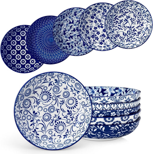 Set of 6 Large Pasta Bowls Blue White 40oz Porcelain Salad Serving