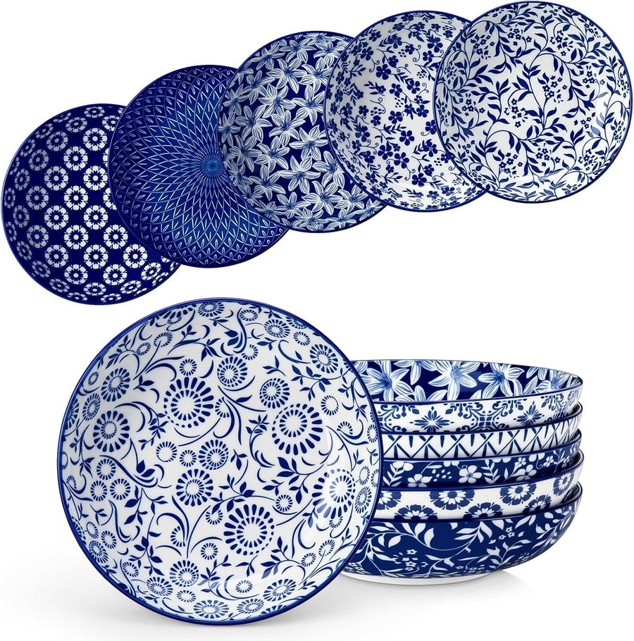Set of 6 Large Pasta Bowls Blue White 40oz Porcelain Salad Serving