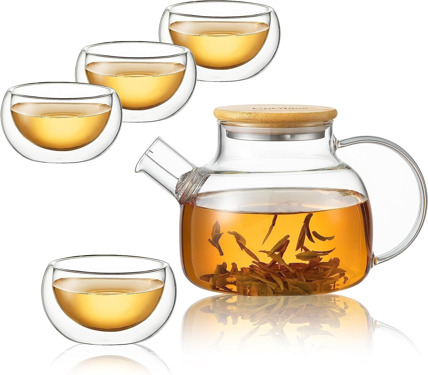900ml Glass Teapot Set with 4 Double Wall Cups Stovetop Safe Tea Maker