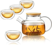 900ml Glass Teapot Set with 4 Double Wall Cups Stovetop Safe Tea Maker
