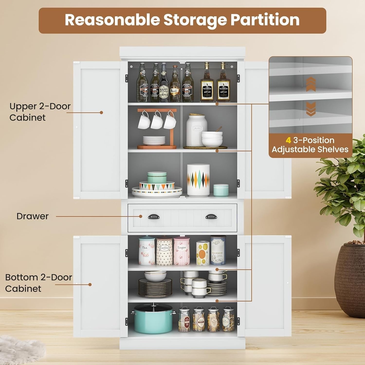 White Tall Kitchen Cupboard 183cm Pantry Storage Cabinet Drawer Shelves