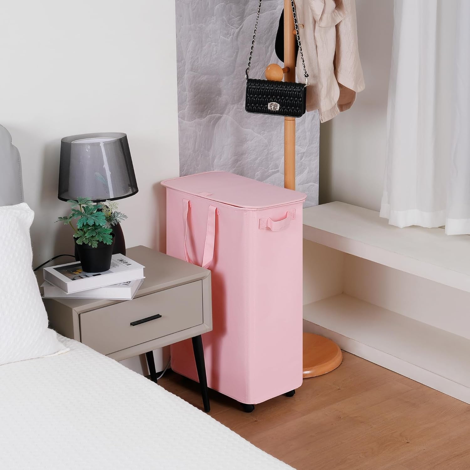 Slim 75L Pink Laundry Hamper with Lid & Wheels – Tall Rolling Basket for Small S