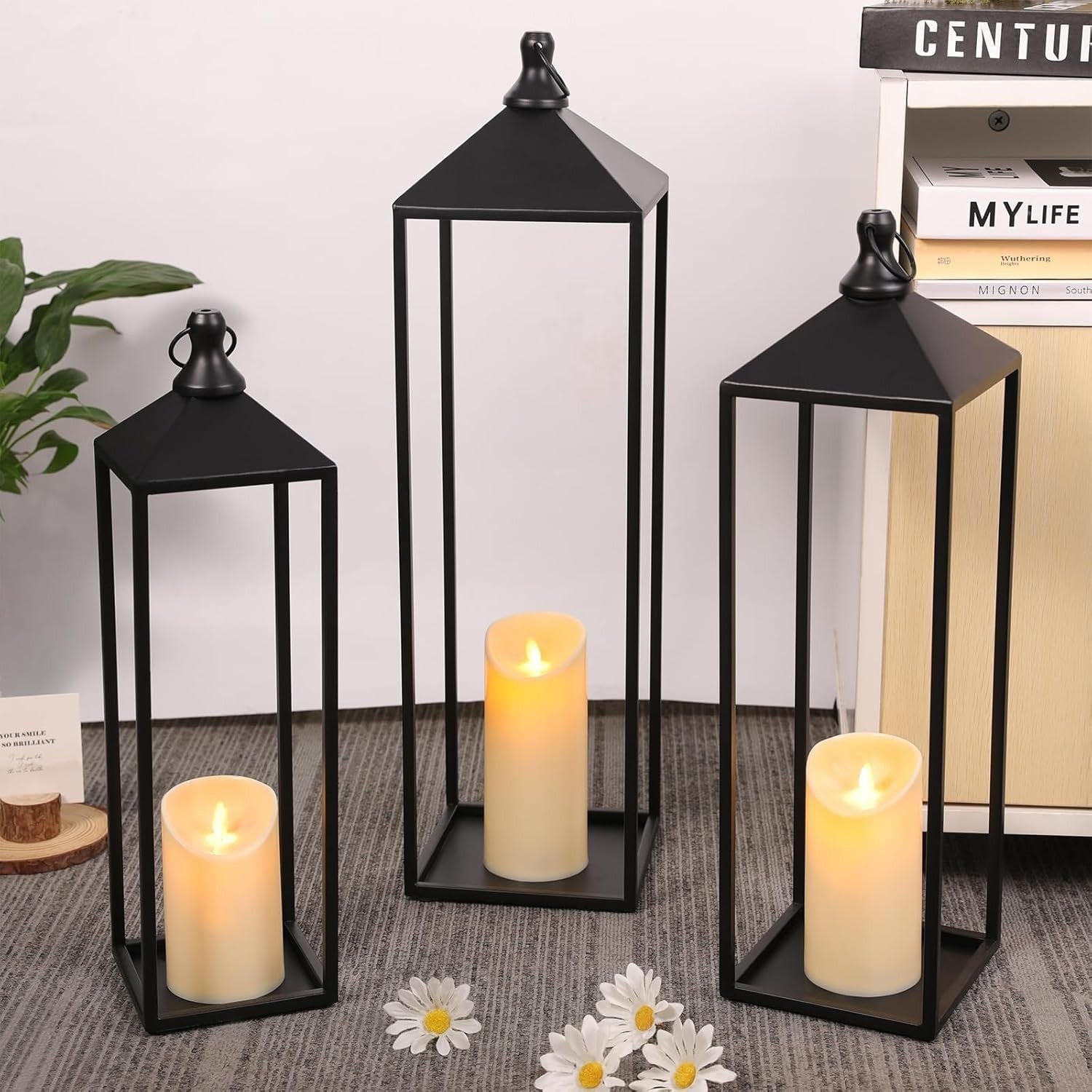 MATAHUM Set of 3 Black Metal Candle Lanterns 22'' 19'' 17'' Indoor Outdoor