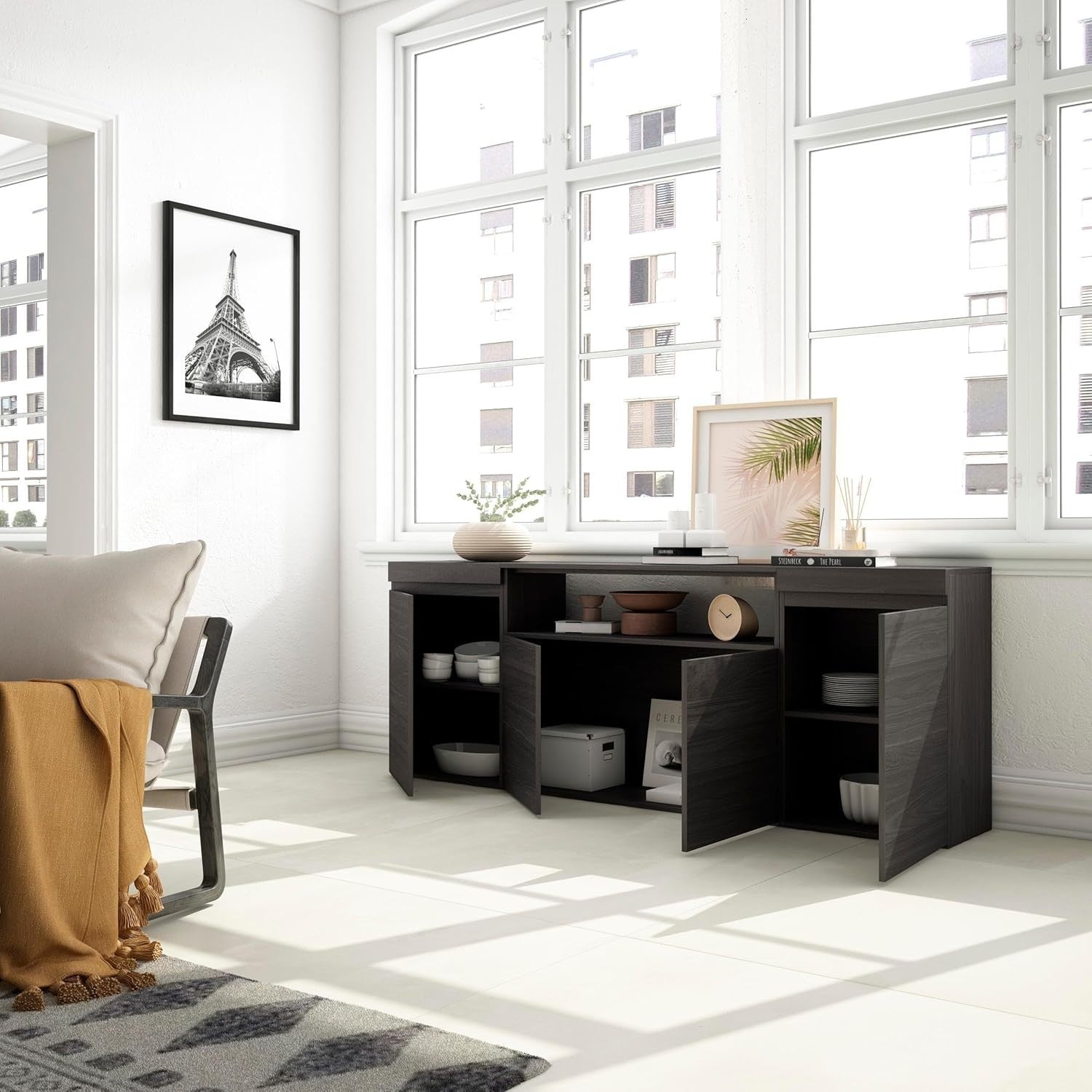 Large Black Sideboard Cabinet 4 Doors 4 Drawers Storage Buffet Unit Modern
