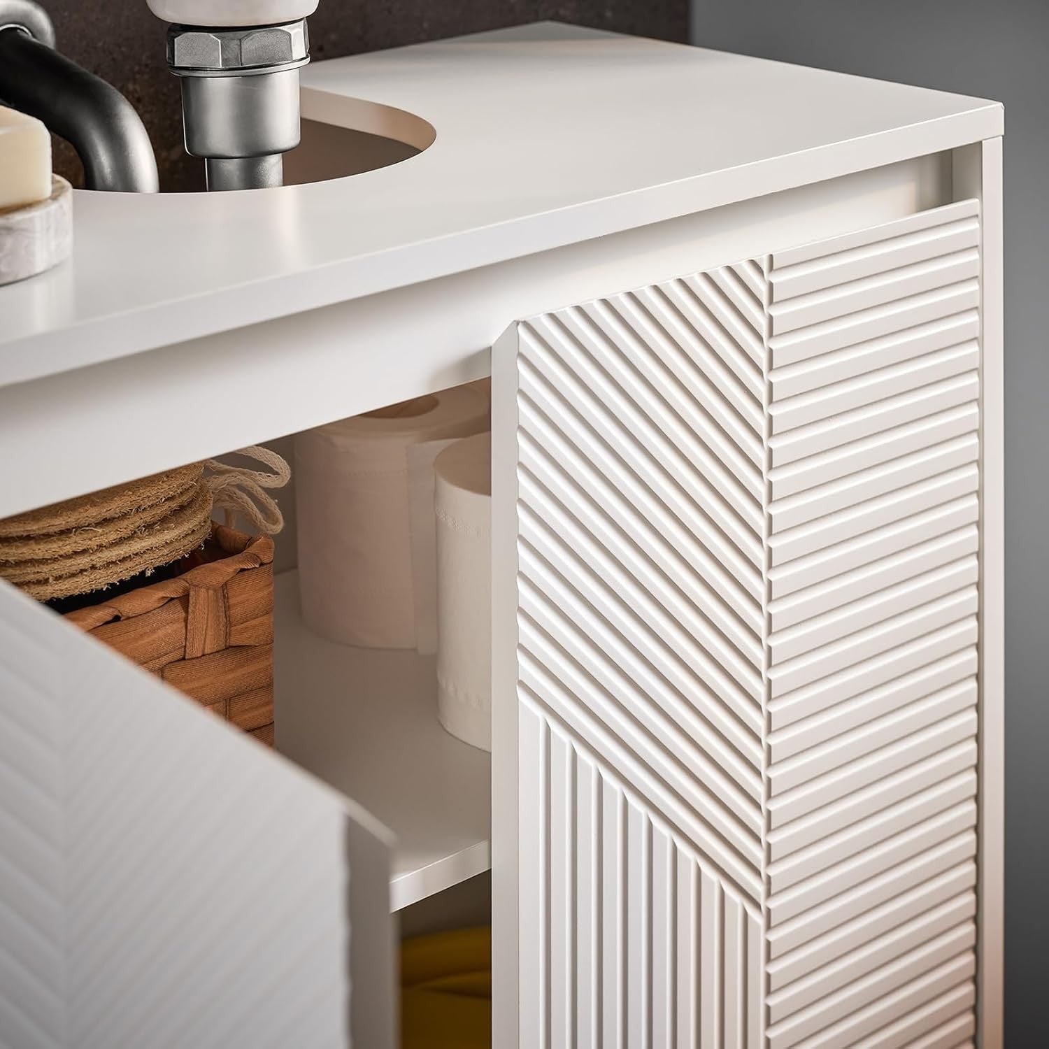 Slim White Under Sink Bathroom Cabinet – Adjustable Shelves Storage Unit