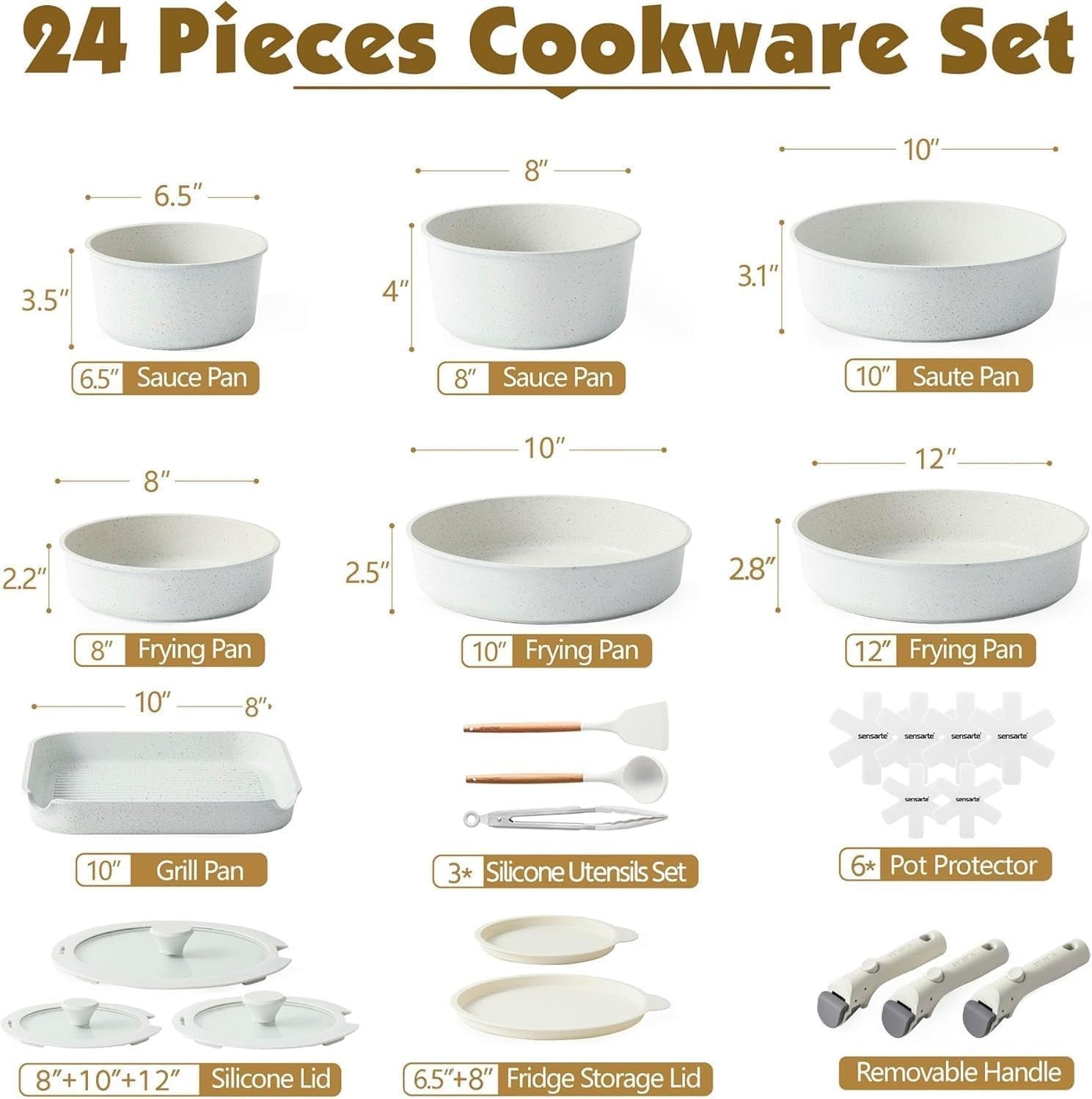 24pcs White Non Stick Cookware Set Detachable Handle Induction Oven Safe