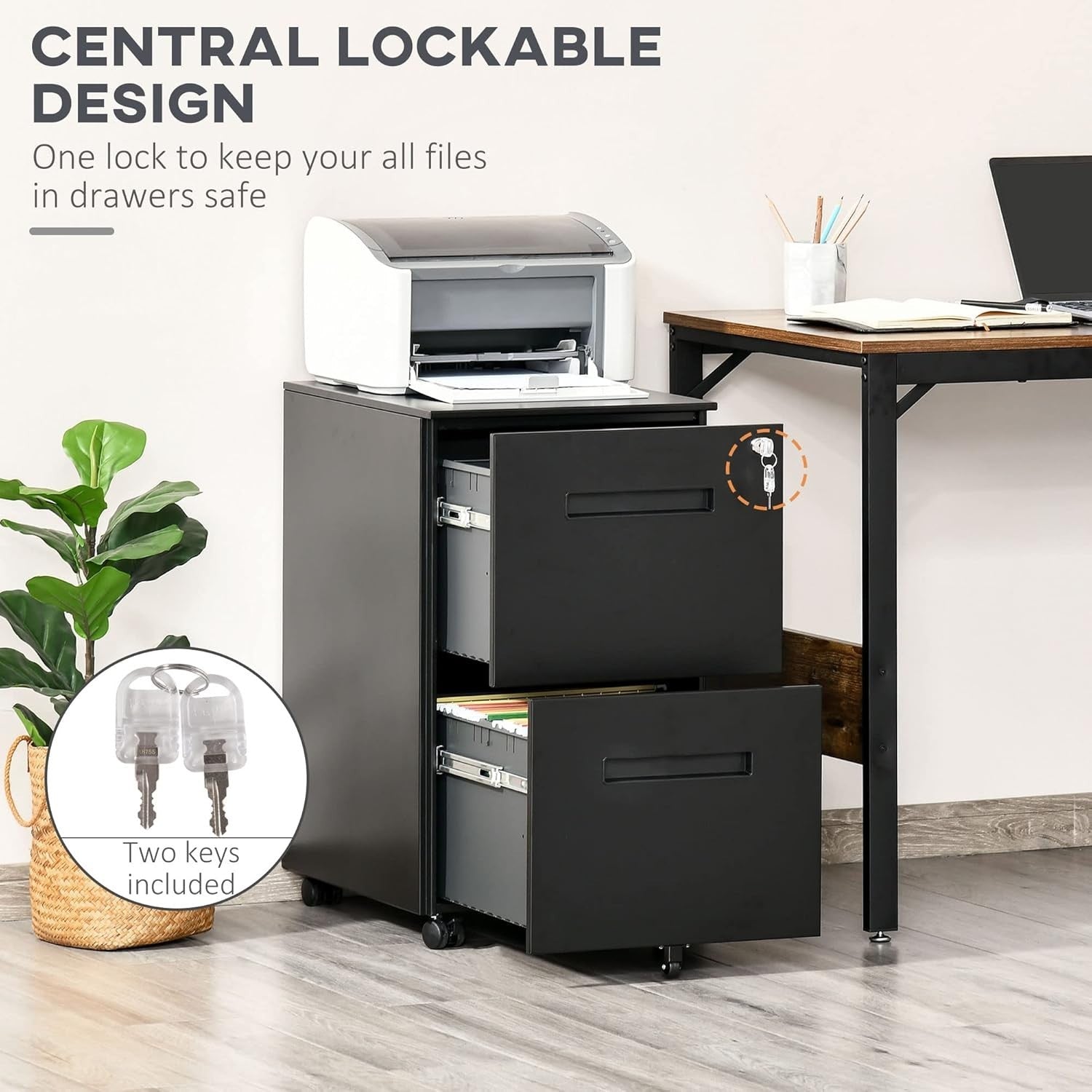 Black 2 Drawer Mobile Filing Cabinet Lockable Steel A4 Letter Under Desk