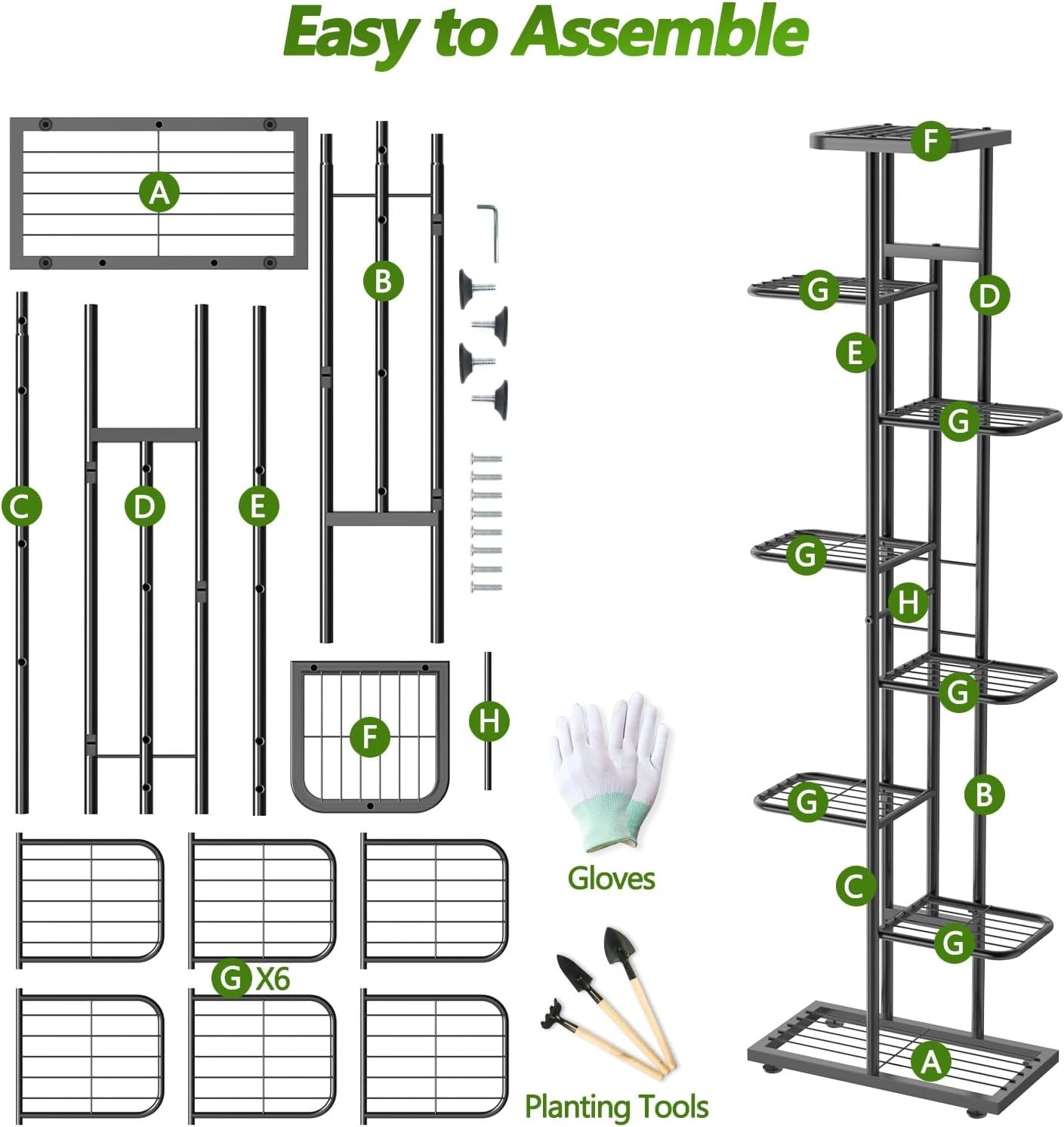 8 Tier Tall Black Metal Plant Stand Indoor Outdoor Flower Shelf with Tools Set