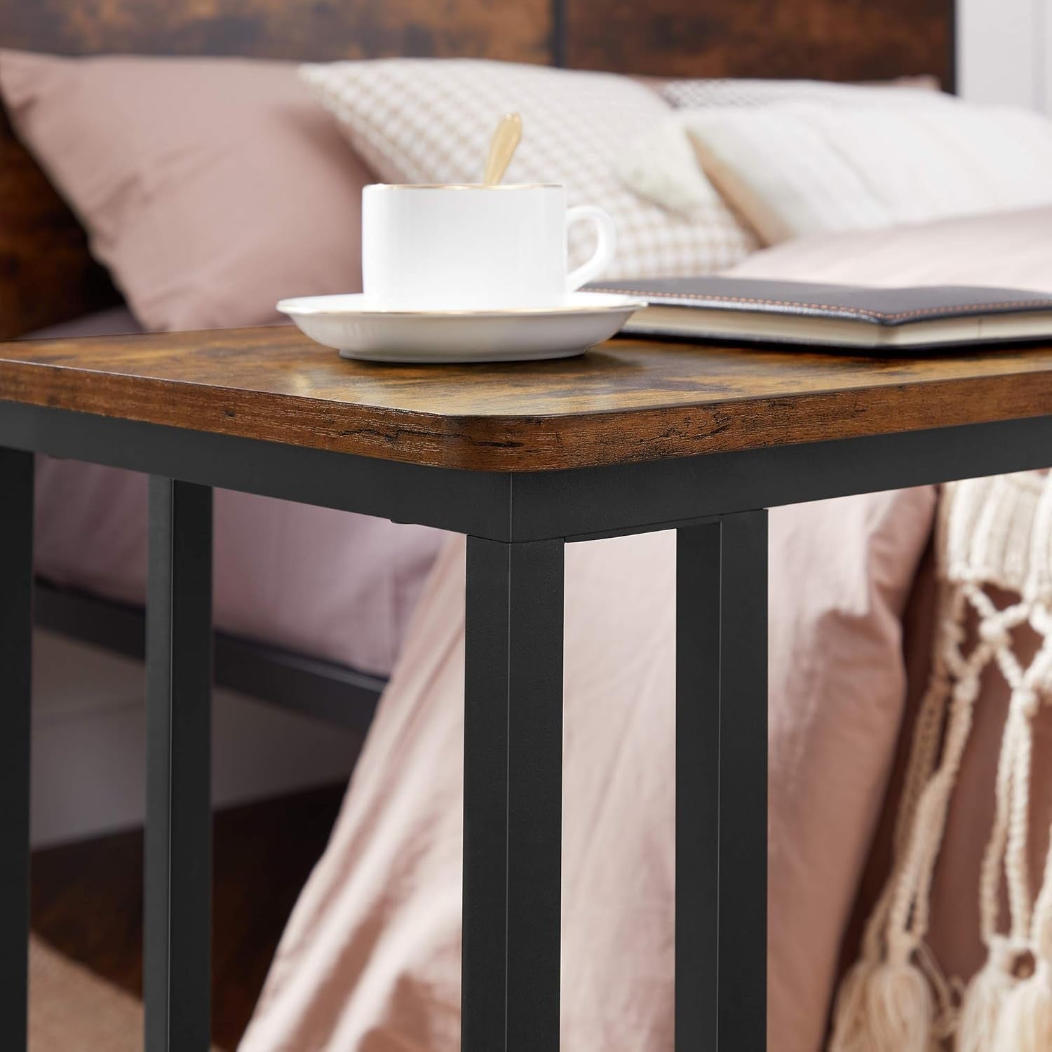 Industrial C Side Table with Wheels, Rustic Wood Top, Sofa Laptop Stand
