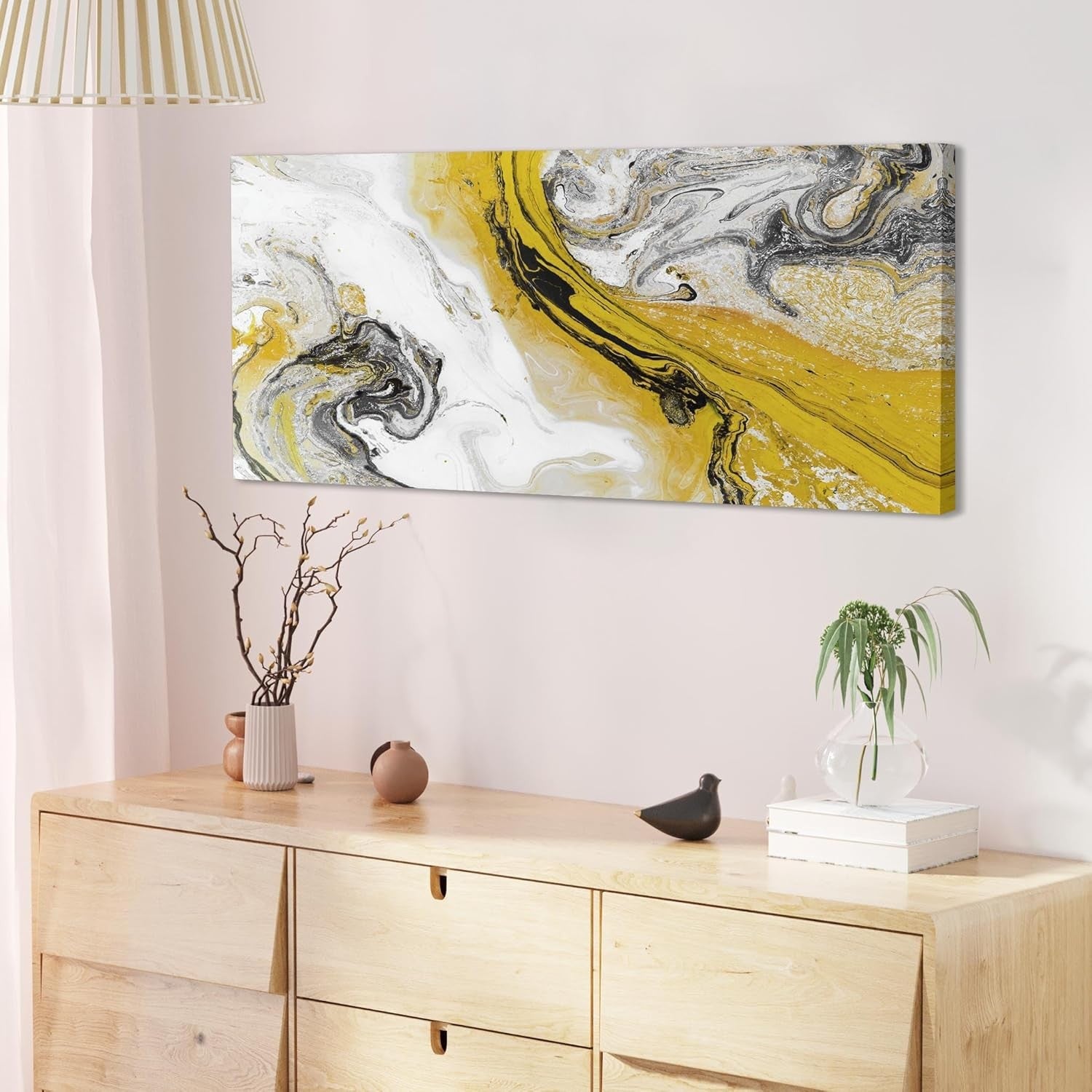Panoramic Abstract Canvas Wall Art Yellow Grey Swirl Modern Living Room 118x49cm