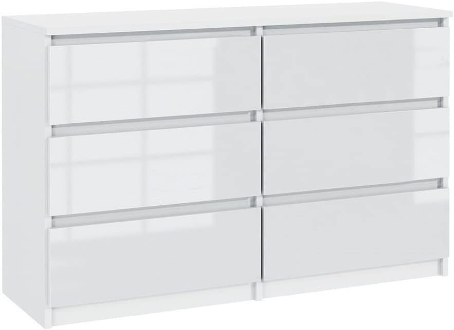 White Gloss 6 Drawer Chest Modern Wide Storage Unit for Bedroom Office