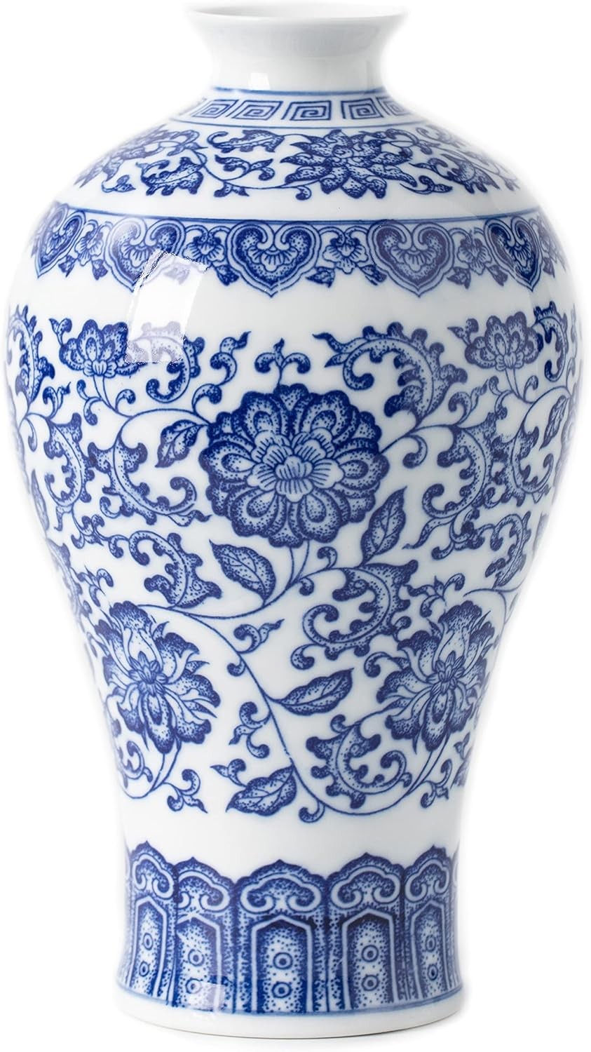 Blue White Ceramic Vase Chinoiserie Floral Table Centerpiece 9 Inch