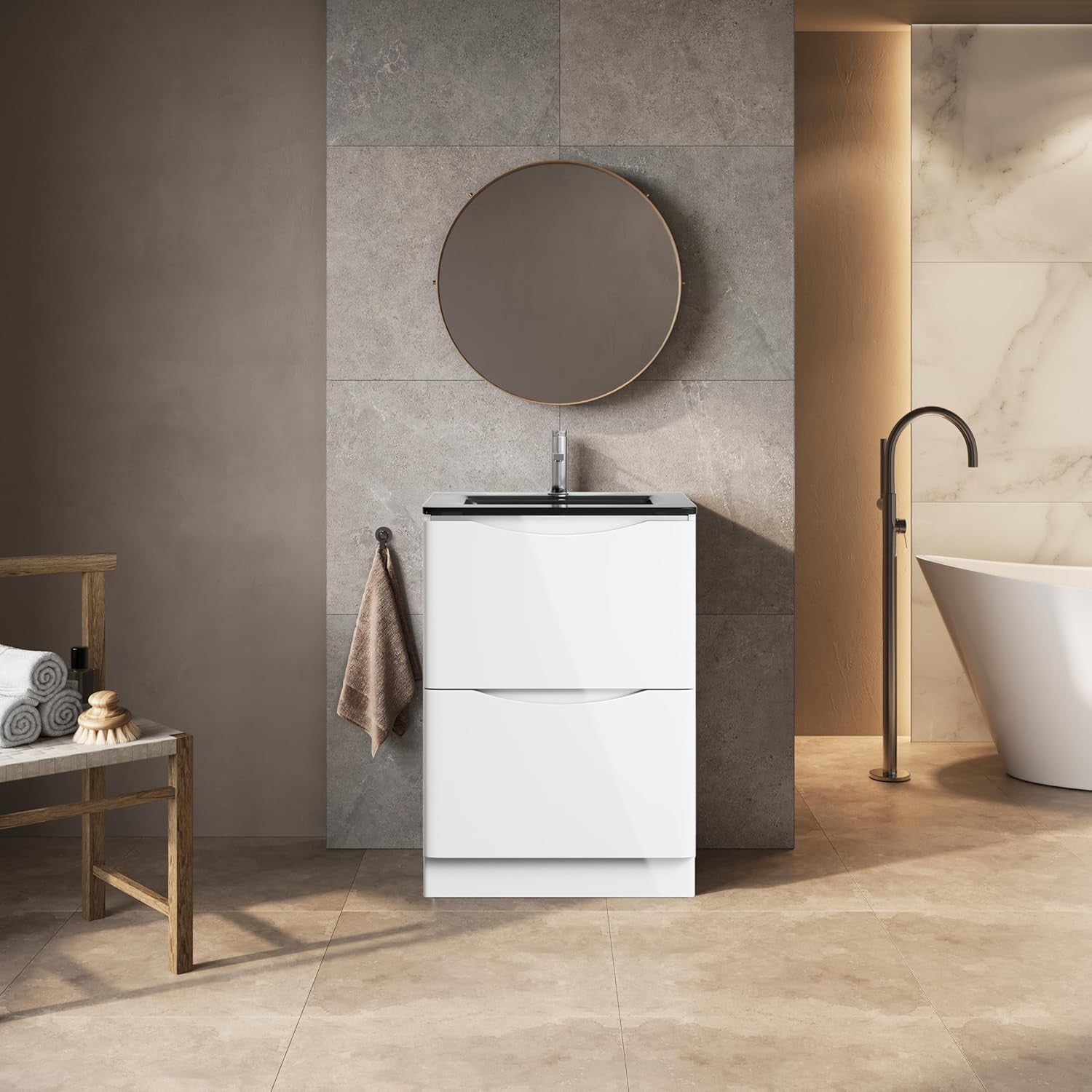 600mm Floor Standing Vanity Unit White Gloss with Grey Glass Basin Bathroom