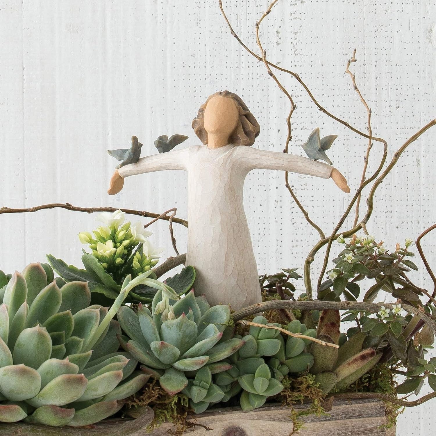 Happiness Figurine with Bluebirds • Hand-Carved Standing Ornament