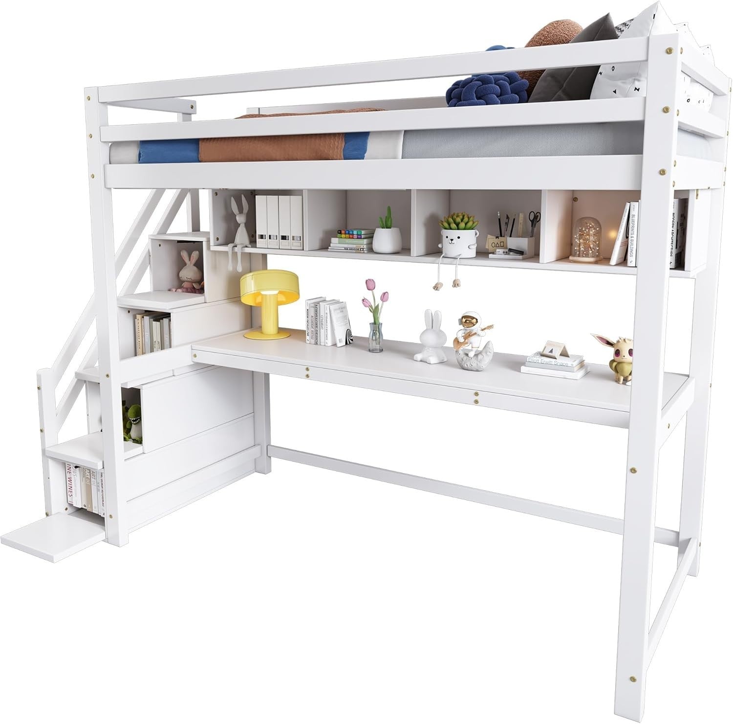 Loft Bunk Bed with Desk & Storage Stairs, 3FT 90x190cm Kids Single Bed White