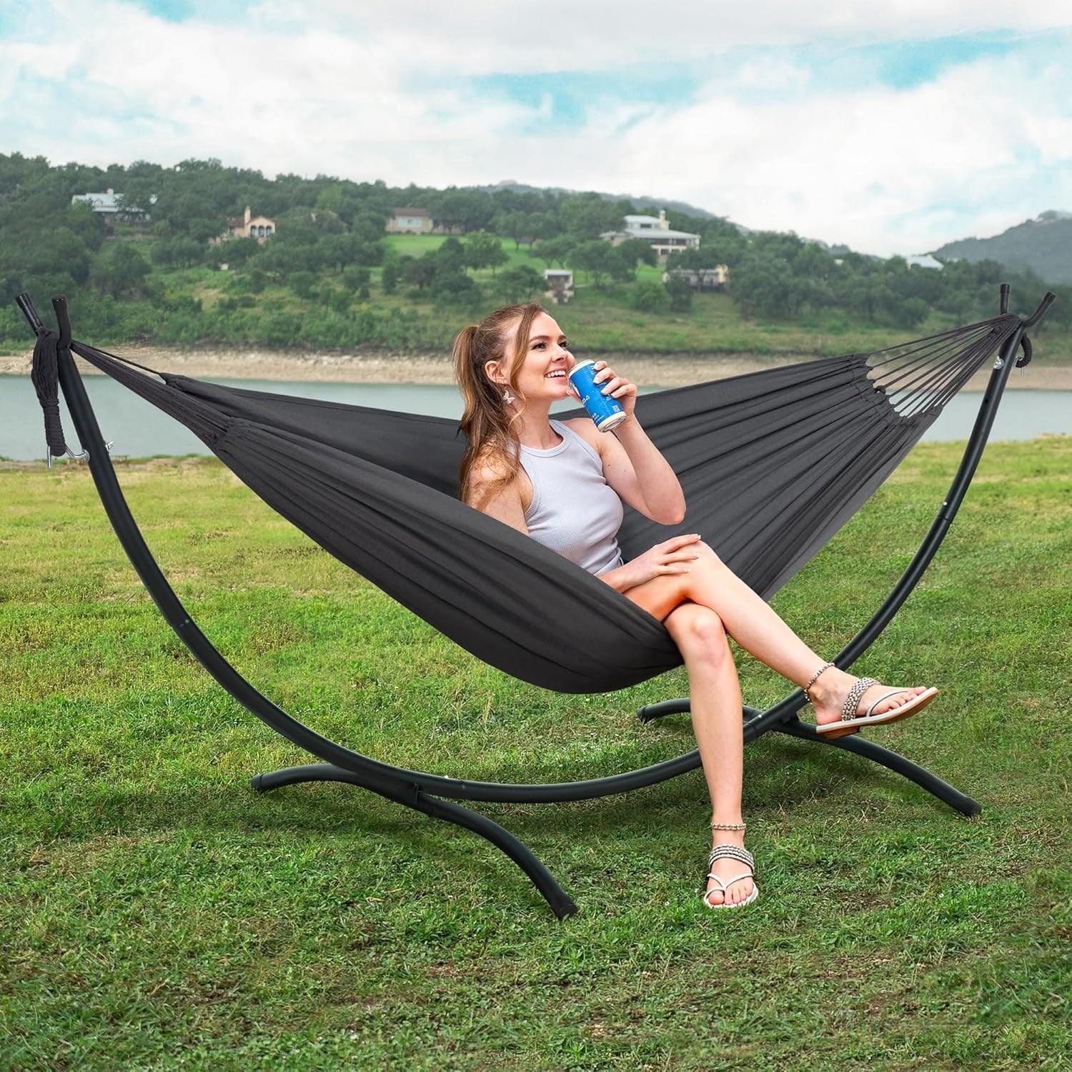 Dark Gray Hammock with Stand | 2-3 Person 475lb Capacity | Portable Outdoor Bed