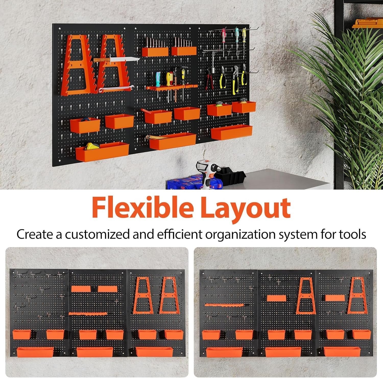 Black+Orange Pegboard Tool Organizer 3 Boards 26 Accessories Wall Rack
